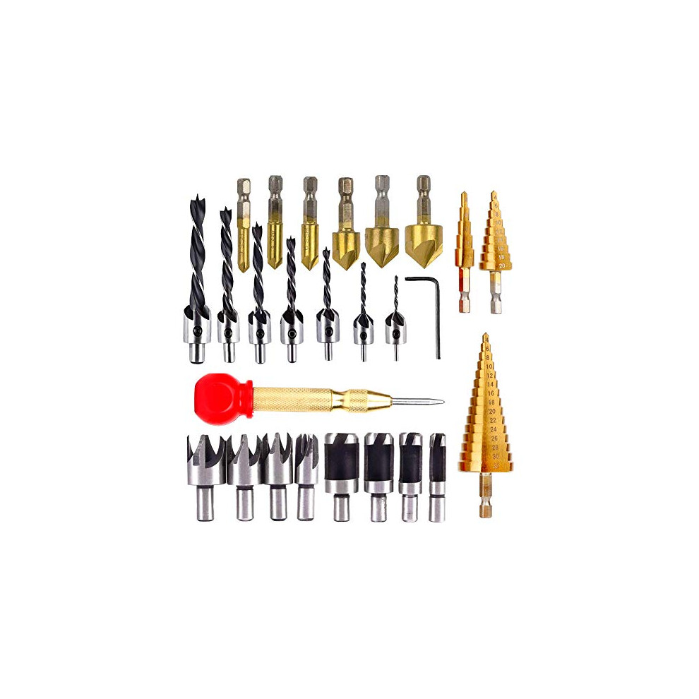 26Pcs Woodworking Chamfer Drilling Tools Includes 6 Countersink Drill Bits, 7 Three Pointed Countersink Drill Bit With L-Wrench, 8 Wood Plug Cutter, 3 612677002739