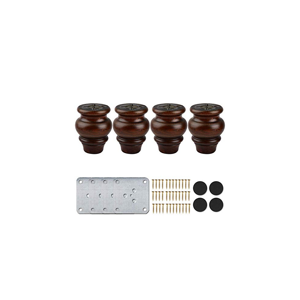 4 Inch / 9Cm Wooden Furniture Legs, La Vane 4Pcs Glaze Soild Wood Spindle Replacement Bun Feet With Mounting Plate & Screws For Couch Table Sofa Bed 8789259463546