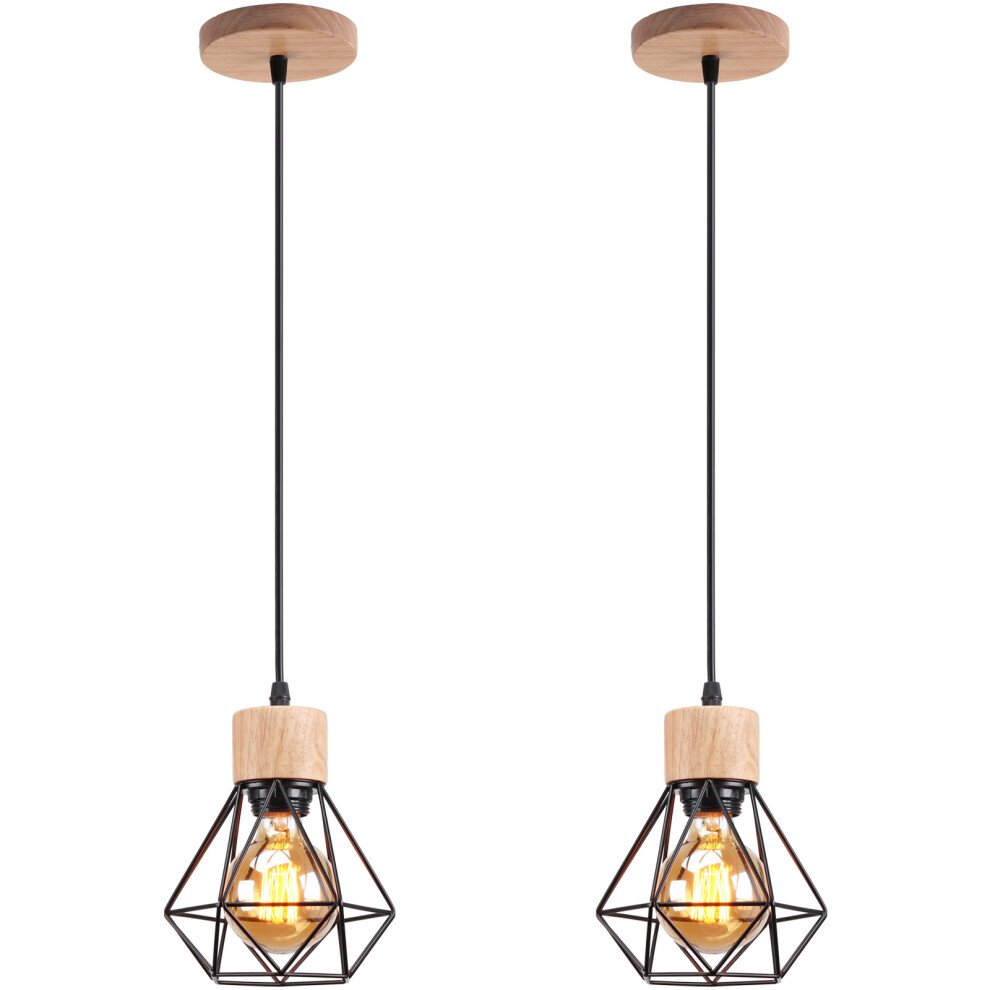 Retro Pendant Light Vintage Pendant Light Black Modern Pendant Lamp Indoor Pendant Light Metal Wood Hanging Light (2PCS)