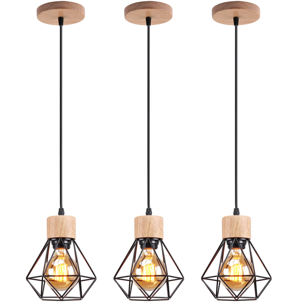 Retro Pendant Light Vintage Pendant Light Black Modern Pendant Lamp Indoor Pendant Light Metal Wood Hanging Light (3PCS)
