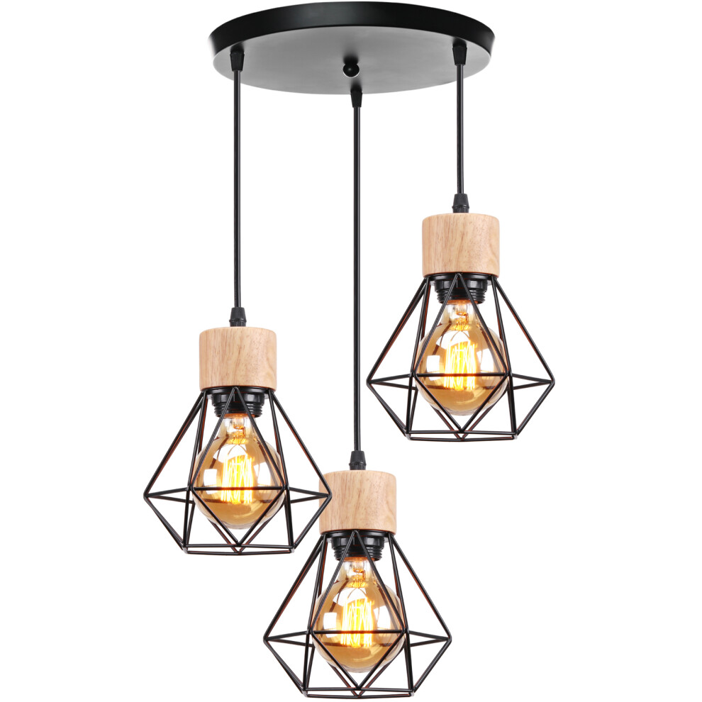 Retro Pendant Light Vintage Pendant Light Black 3 Lights Pendant Lamp Modern Indoor Pendant Light Metal Wood Hanging Light