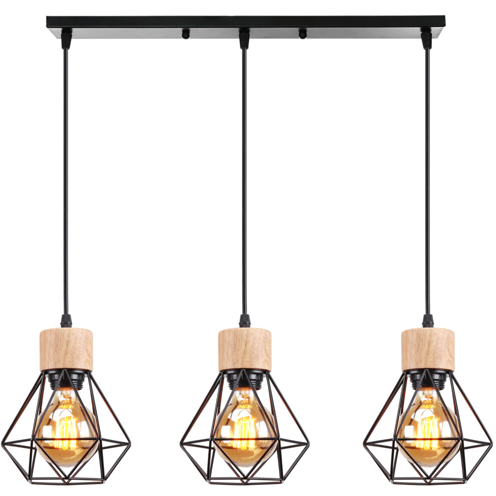 Vintage Pendant Light Retro Pendant Light Black 3 Lights Pendant Lamp Modern Indoor Pendant Light Metal Wood Hanging Light