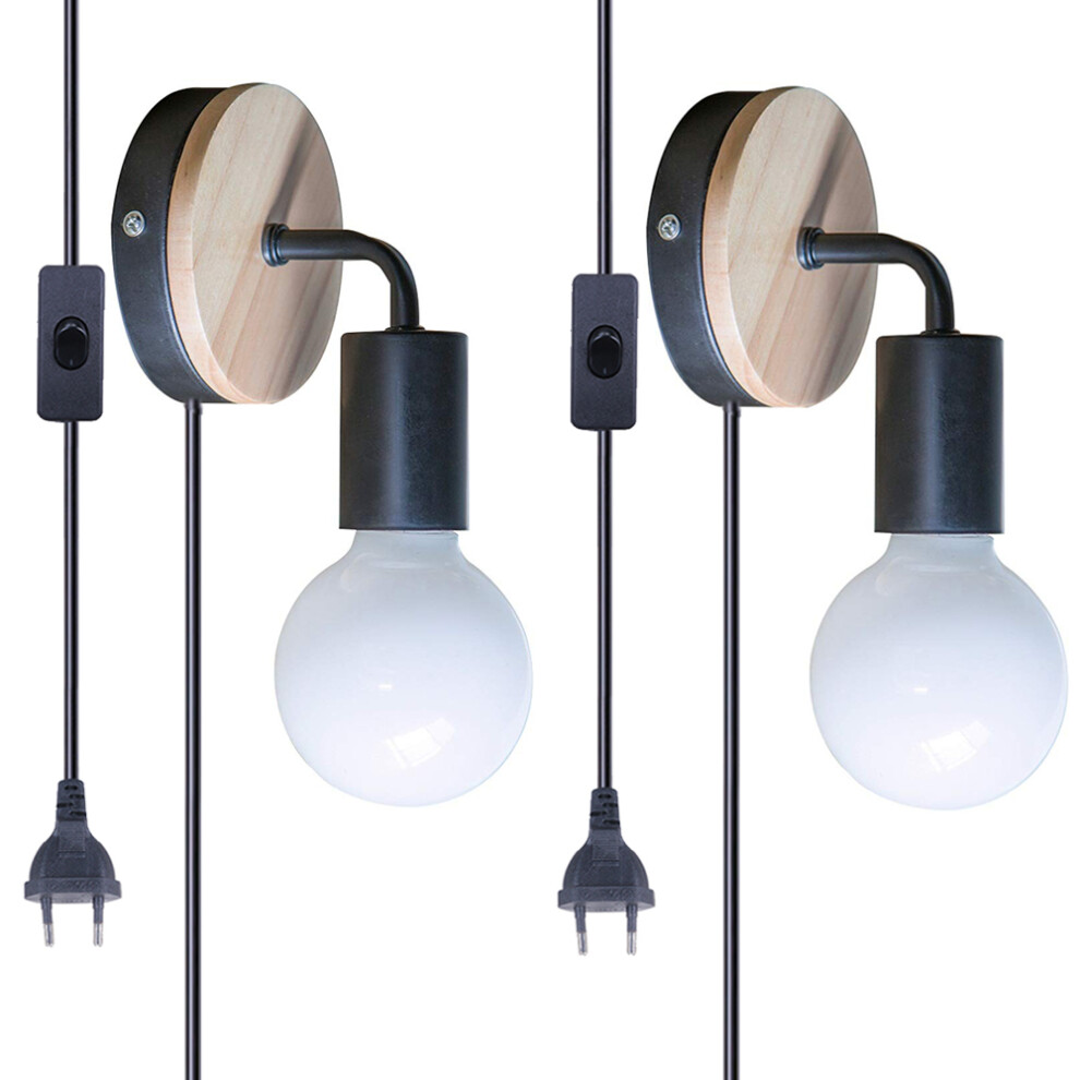 (2X) Retro Wandleuchte Vintage Wandleuchten E27 Eisen Holz Wandleuchte FüR Schlafzimmer Nachttisch Hotel (Mit Eu-Stecker) Schwarz-image