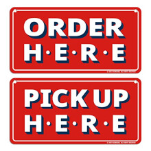 Order Here and Pick Up Here Signs (Red) - Premium Order Here Pick Up Here Signs with Special Hanging Hooks Attachable to Ceiling - 12" X 6" - 2 Pack