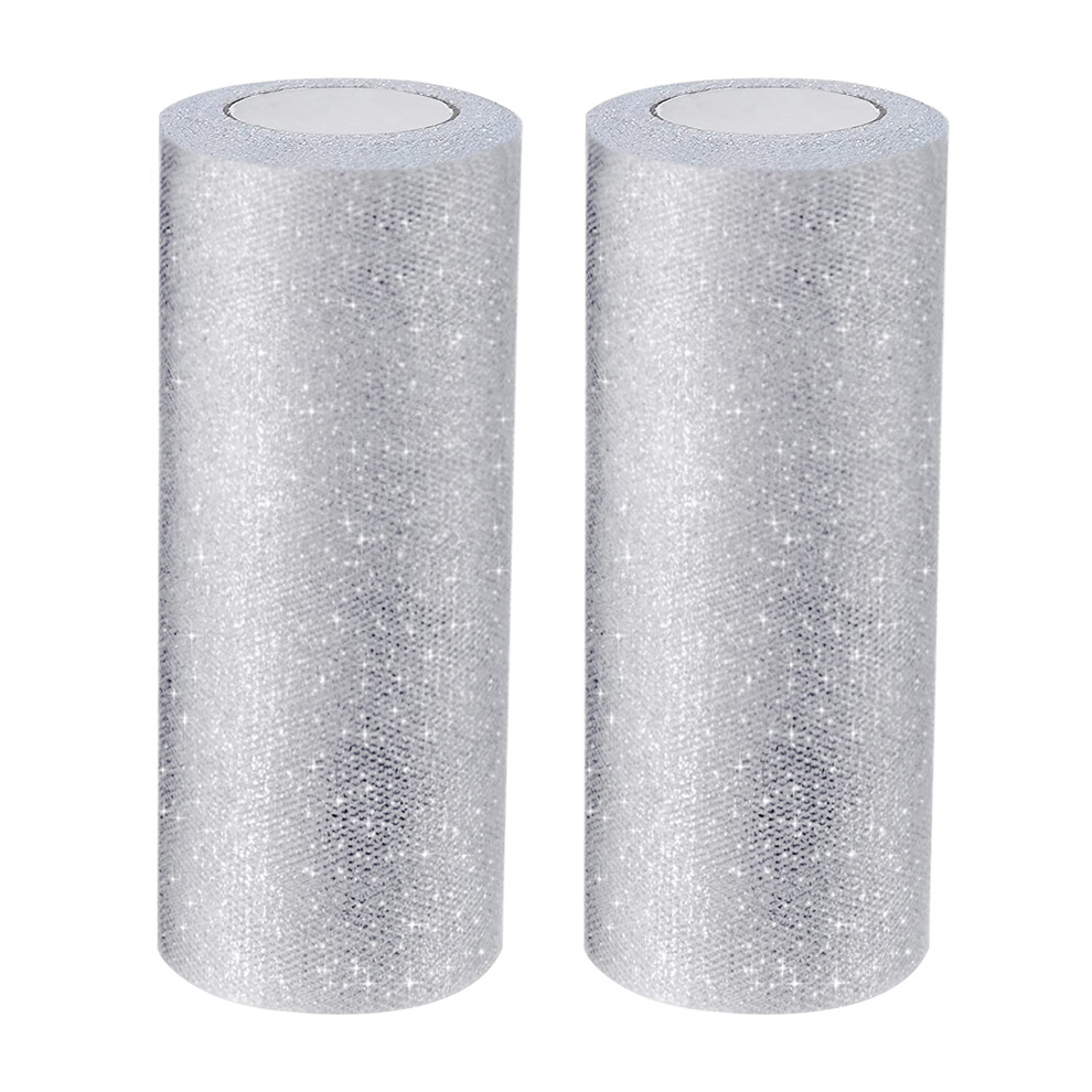 2 Pack Tulle Fabric Roll - 15cm x 23m / 6 inches x 25 Yards - Silver Glitter Tulle Ribbon Spool for Wedding/Birthday Party Decorations, Tutu Skirt,