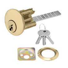 Polished Brass Rim Cylinder, Security 5 Pin Rim Cylinder Door Lock Complete with Components of Three Keys, Trim Ring and Shim.