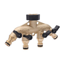 4 Way Solid Brass Tap Garden Hose Splitter, Outdoor Utility Hose Connector Water Taps Divider Distributor With Individual On/Off Valves and Quick