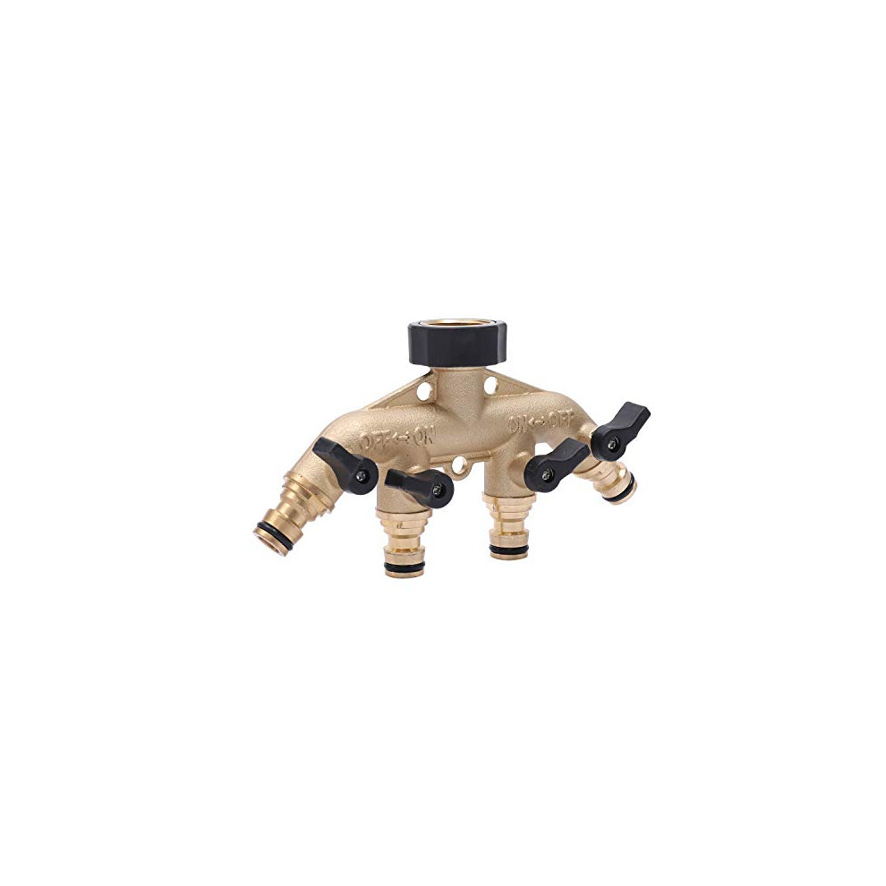 4 Way Solid Brass Tap Garden Hose Splitter, Outdoor Utility Hose Connector Water Taps Divider Distributor With Individual On/Off Valves and Quick