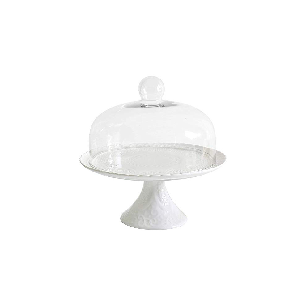 YBK Tech Strength Porcelain Elegant Cake Display Stand Cupcake Stand- Embossed Lace Pattern (White, with Glass Dome Lid)