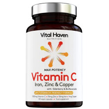 Complex Action Formula: Non-Acid Vitamin C + Iron + Zinc + Copper + Calcium with Citrus Bioflavanoids and Elderberry for Maximum Absorption - Vegan -