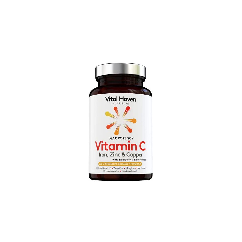 Vital Haven Complex Action Formula: Non-Acid Vitamin C + Iron + Zinc + Copper + Calcium With Citrus Bioflavanoids And Elderberry For Maximum Absorption - Vegan