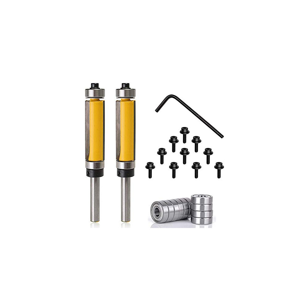 2Pcs Top and Bottom Bearing Flush Trim Pattern Router Bit Set, 1/4'' Shank Template Trimming Bits Woodworking Milling Cutter Tool with 10Pcs Top