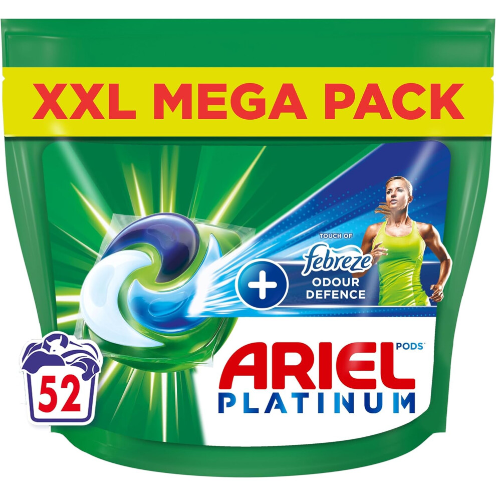 Ariel Platinum PODSÂ®, Washing Liquid Laundry Detergent Capsules 52 Washes, Touch Of Febreze Odour Defence, Extra Stain & Odour Removal