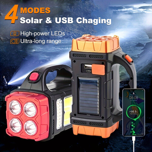 (Multifunctional Solar Light Orange) 1pc Solar LED COB Light with Handle - USB Charging 2