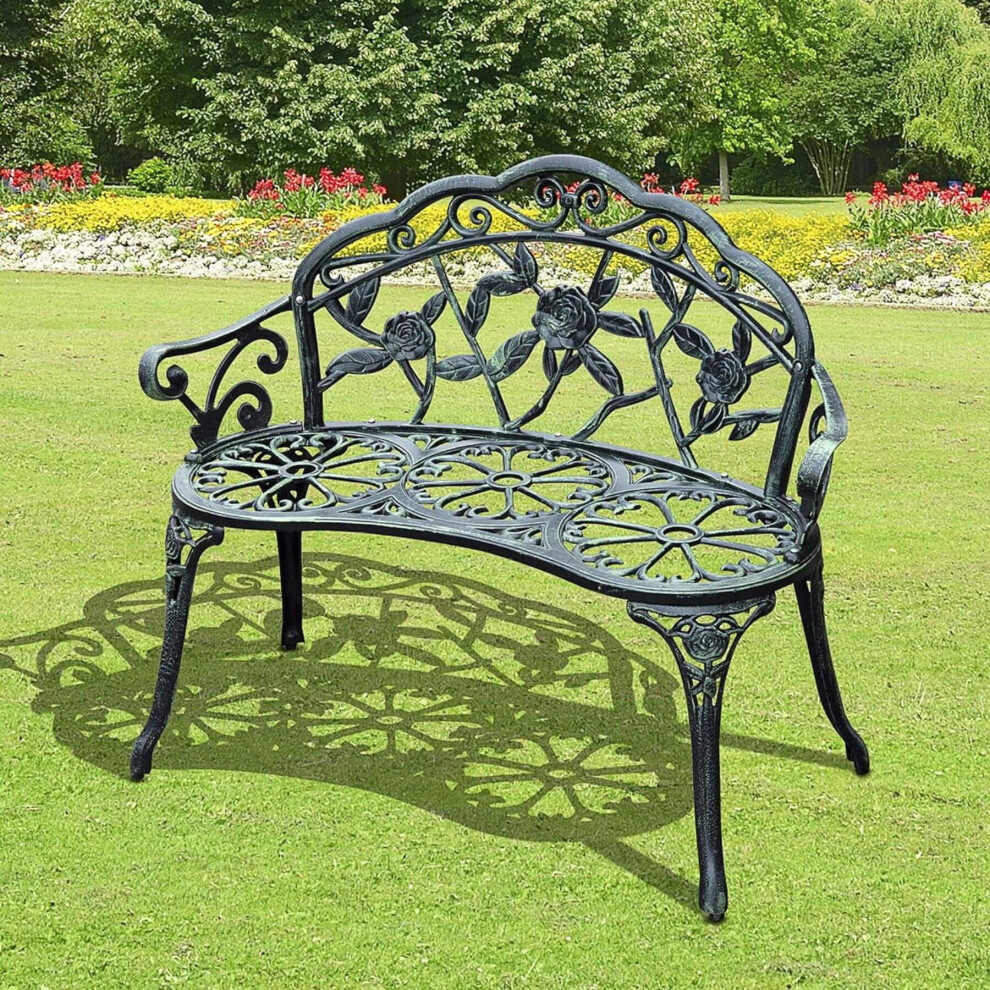 Rose Detail Metal Outdoor Garden Bench