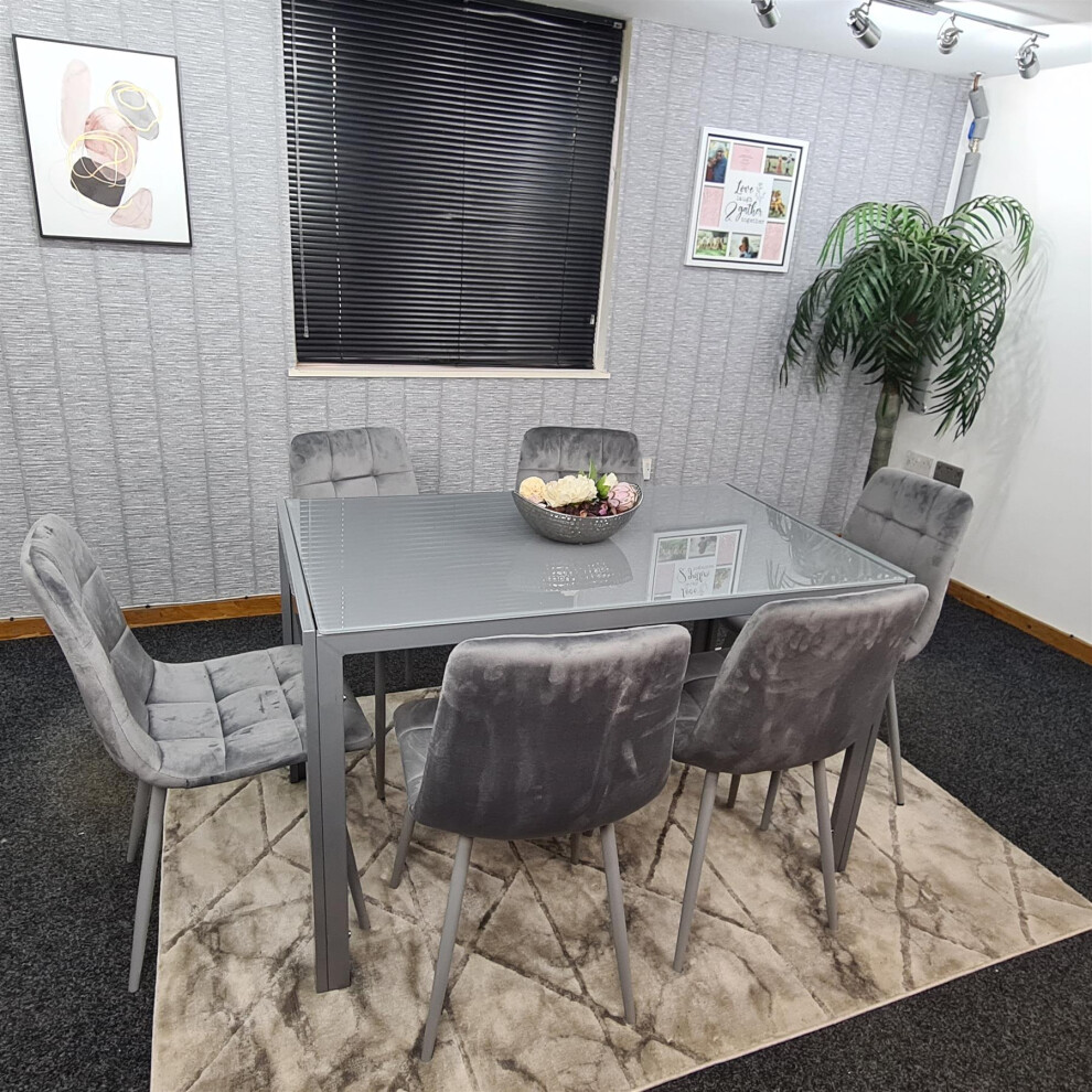Kosy Koala Grey Dining Table And 6 Chairs Glass 6 Velvet Chairs Dining Furniture