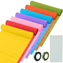 7 Pack Crepe Paper Rolls, 25x250cm Rainbow Crepe Paper Colorful Florist Crepe Paper with 15 PCS Floral Iron Wire 2 Rolls Tape for DIY Flowers Crafts
