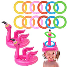 14 Pieces Inflatable Ring Toss Game Inflatable Flamingo Hats Flamingo Game for Kids and Adult Family Party Prop Hawaii Summer Party Decorations Water