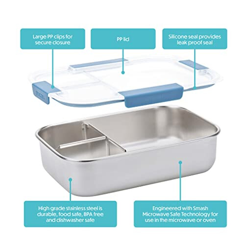 Smash Stainless Steel Bento Lunch Box, 3 Compartments, Blue, 1300ml 2