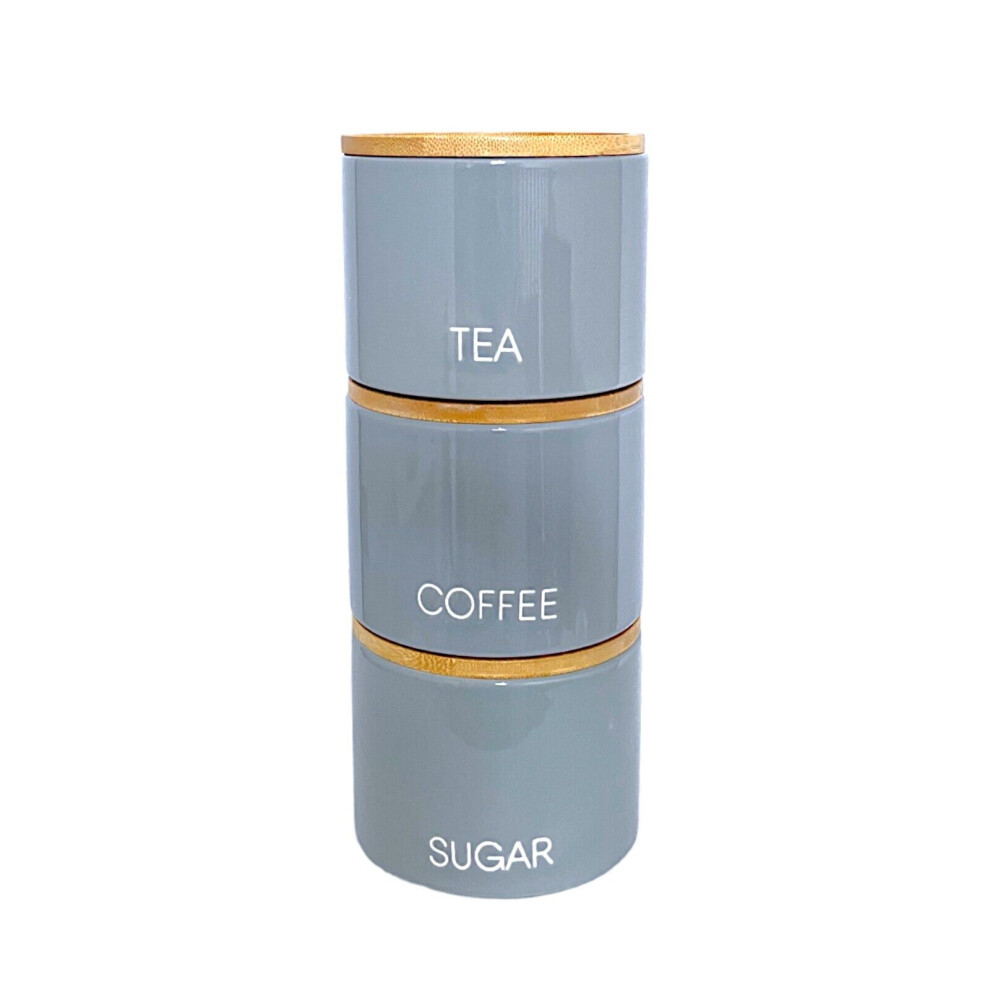 Ceramic Stackable Canister Coffee Tea Sugar Bamboo Lid Kitchen Jar