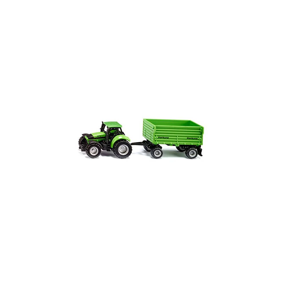 1606, DEUTZ-FAHR tractor with Fortuna 2-axle trailer, Toy tractor, Metal/plastic, Green, Removable cab, Tipping body, Trailer with smooth-running