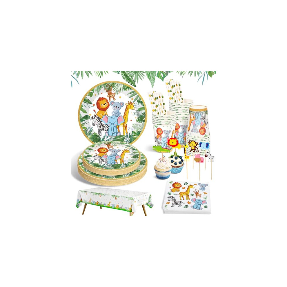 Jungle Safari Theme Party Tableware Set | 134Pcs Disposable Paper Plates Napkins Cups Safari Party Decorations Kids Birthday Party Supplies Animal