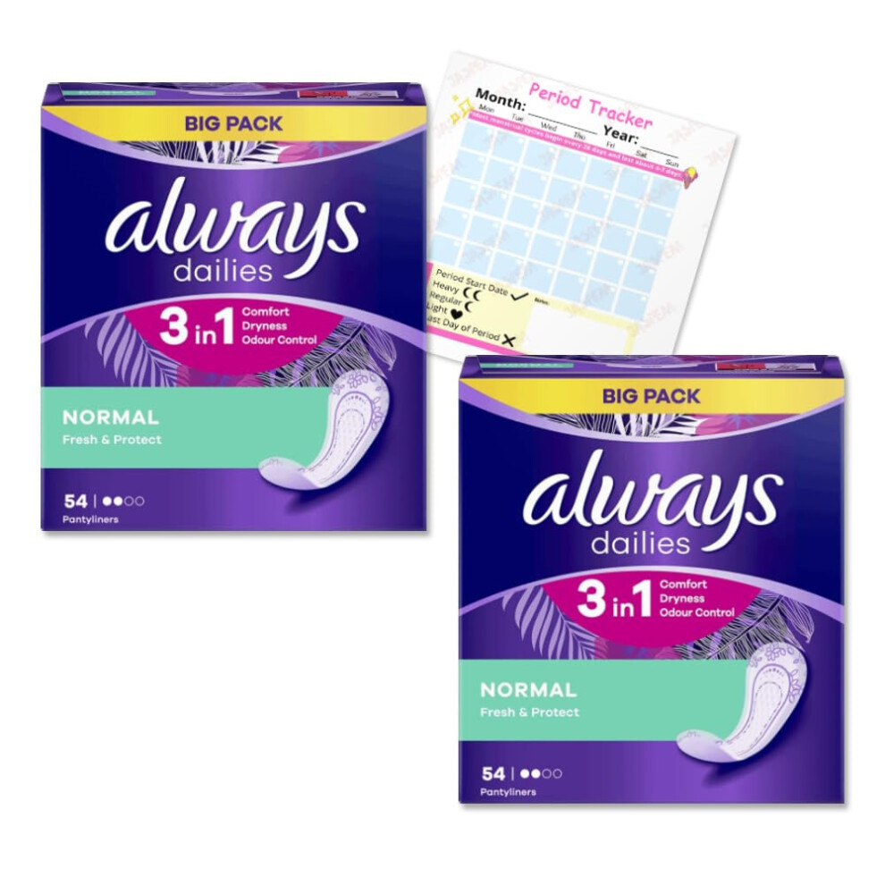 Jaspem Always Dailies Panty Liners Normal 108X Pantyliners | Fresh & Protect 3 In 1 | Comfort, Protection And Freshness | Odour Neutralising | Pack Of 2X 54