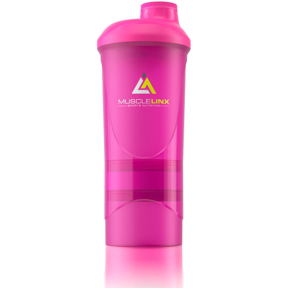 Musclelinx Sports Nutrition Pink Protein Shaker Plus Storage Screw Top 100% Leak Proof Drinks Bottle 500Ml To 700Ml By Musclelinx