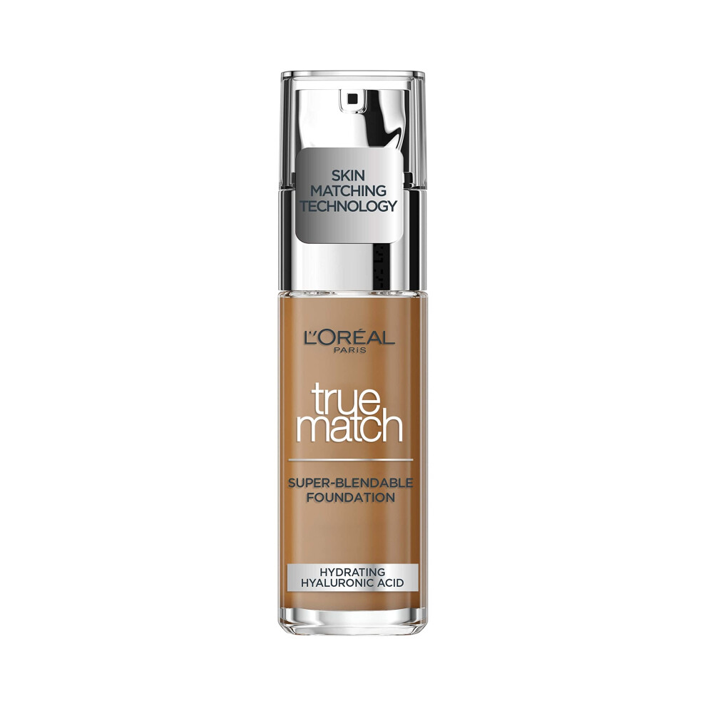 L'Oreal Paris True Match Liquid Foundation, Skincare Infused with Hyaluronic Acid, SPF 17, Available in 40 Shades, 8C Nut Brown, 30 ml