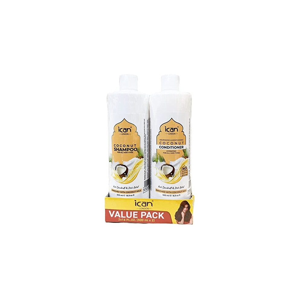 Ican London Coconut Enriched Anti Dandruff, Itch Relief Shampoo & Conditioner Duo Pack 500Ml X 2