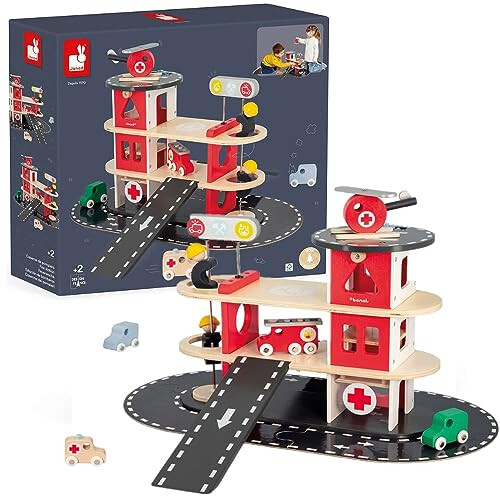 Janod - Bolid Wooden Fire Station - 5 Vehicles Included - Imagination and Fine Motor Skills - FSC-Certified - Water-Based Paints - 2 Years +, J04639