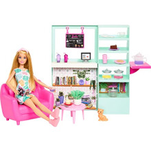 Doll and Playset, Cute ‘n' Cozy Café with 21 Accessories Including Color Change Teapot, Furniture and Pet Cat, HKT94