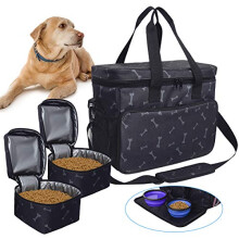 Dog Travel Bag Washable Storage Supply Tote Thermal Bag with Compartments, Foldable Feeder and Drinker (Black)