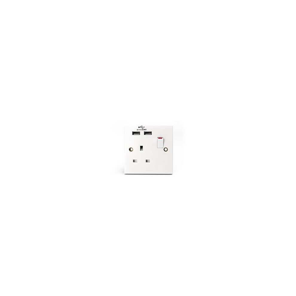 Plug Socket UK | Single Socket with Double USB Plug | White Plastic | 13A Single Switched Wall Socket | S1G13A2USBSWS4