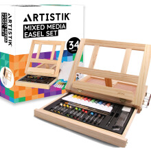 Mixed Media Art Set - Complete Easel Painting Kit with Wood Desk Top Easel Box Includes Acrylic Paints, 3 Canvas Boards, Oil Pastels, Desktop Art