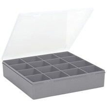9.01 16 Division Square Plastic Craft DIY Storage Organiser Box Upcycled Soft Grey Clear Lid, 23.5 x 24.5 x 5cm