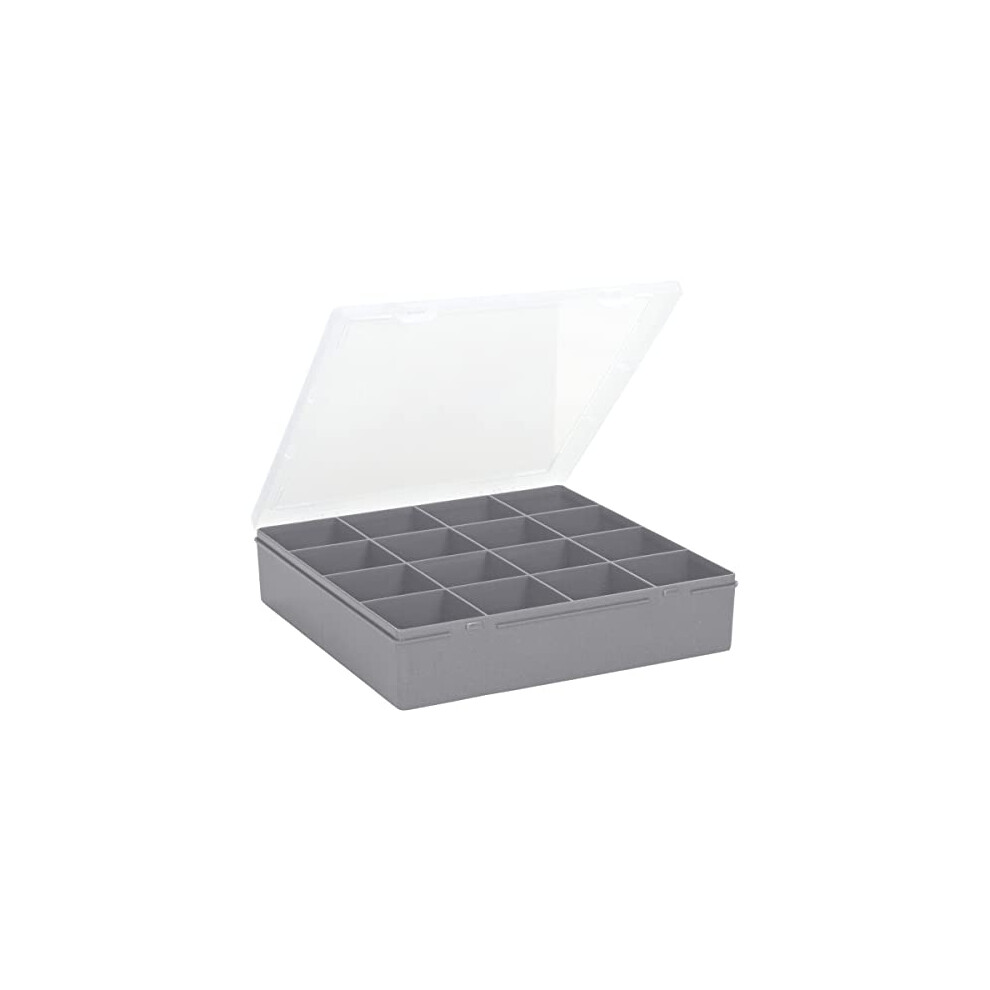 9.01 16 Division Square Plastic Craft DIY Storage Organiser Box Upcycled Soft Grey Clear Lid, 23.5 x 24.5 x 5cm