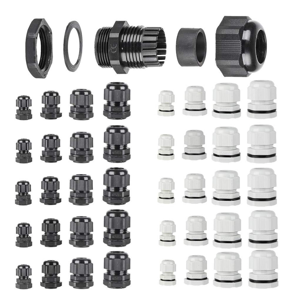 40Pcs Waterproof Cable Gland Conduit Mounts Grey Stuffing Glands Connector M12 M16 M20 M25 (Black & White）