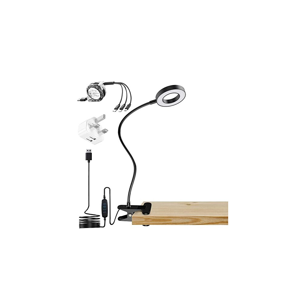 Reading Light, Clamp Lamp - Clip on Desk Lamp with 3 Pin Plug USB Mains Charger Adapter, 10 Dimmable Brightness 3 Light Modes Clamp Bedside Lamp, 3
