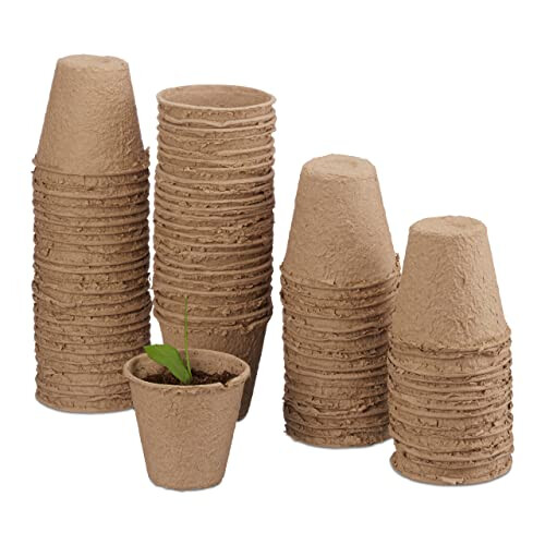 Set of 80 Flower Pots, Biodegradable, Planter, Cellulose, Round, 8 cm, Beige, 100% paper, Pack of 80