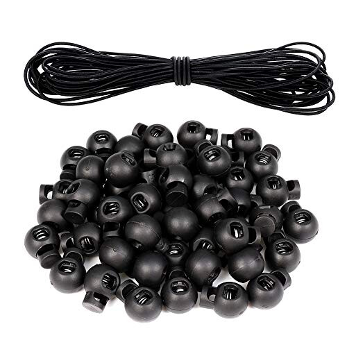 50pcs Spring Cord Locks Single Hole Plastic Spring Toggle Stoppers Buttons Small Round Elastic Toggle Sliders with 10m Bungee Rope for Drawstring Bag