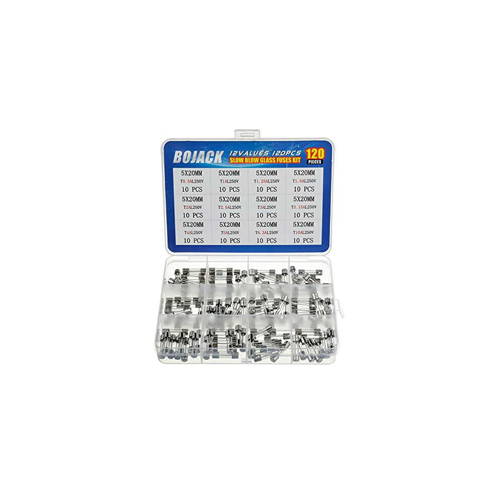 12 Values 120Pcs Slow Blow Glass Fuses Assortment Kit 5X20mm 250V T0.5a 1A 1.25A 1.6A 2A 2.5A 3A 3.15A 4A 5A 6.3A 10A Packag In A Clear Plastic Box 769390172086