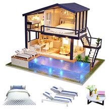 DIY Wooden Dolls House Handcraft Miniature Kit Model & Furniture-Time Apartment With Swimming Pool