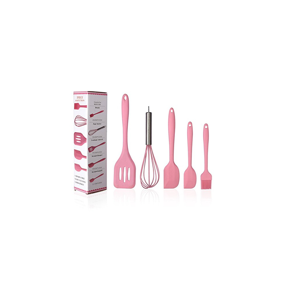 Silicone Spatulas Set-Cooking Spatula Set, Pink 5 pcs Kitchen Utensil Set-Basting Pastry Brush-Pastry Oil Brush-Egg Beater-Slotted Turner-Silicone