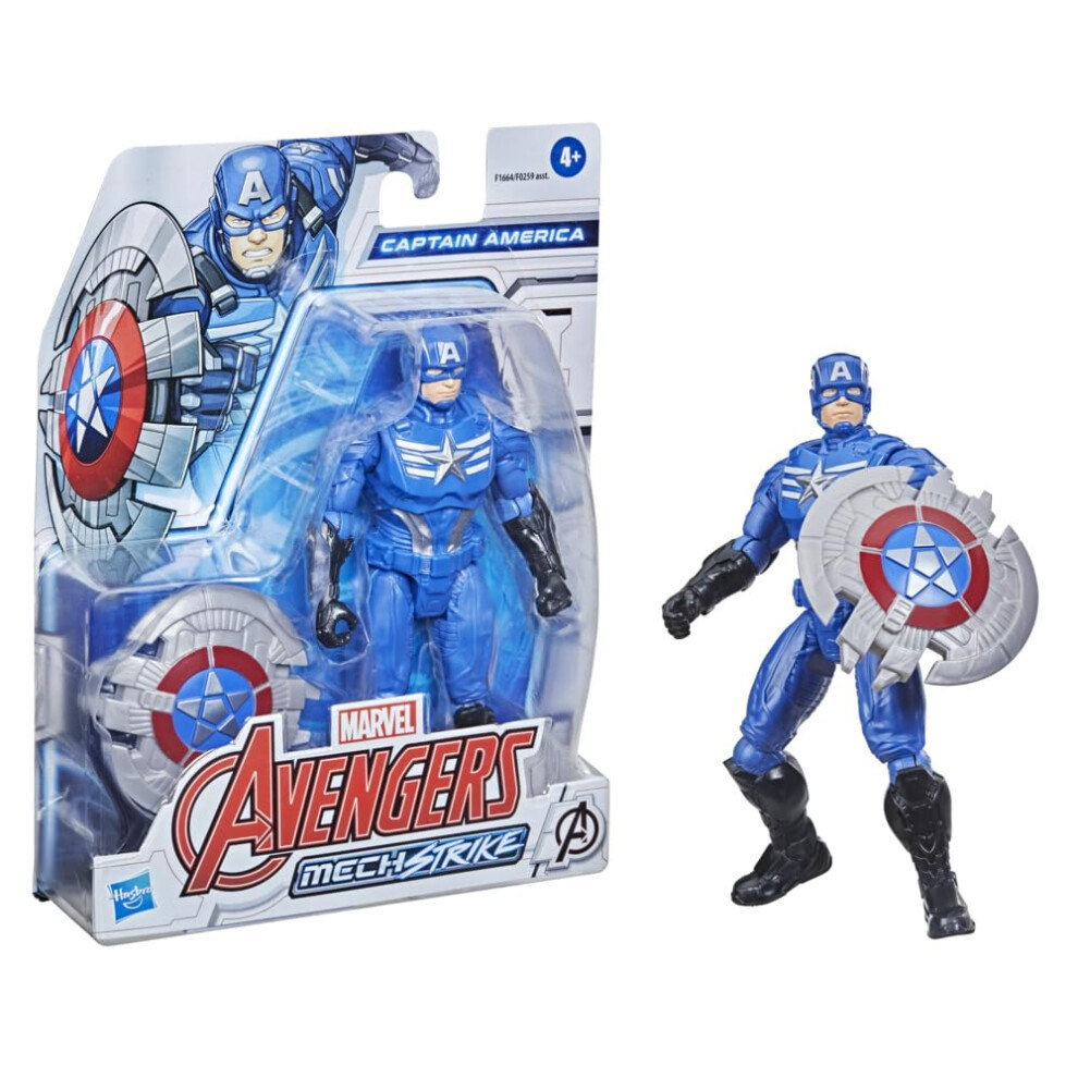 Marvel Mech Strike 15-cm-scale Action Figure Toy Captain America and Battle Accessory, for Children Aged 4 and Up F1664