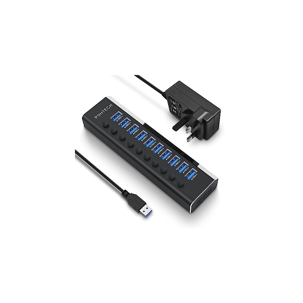 Powered Usb 3.0 Hub Rshtech 10 Port Aluminum Usb 3.0 Data Hub Splitter With Individual On/Off Switches And 12V/3A Power Adapter (Rsh-A10) 6934728666740