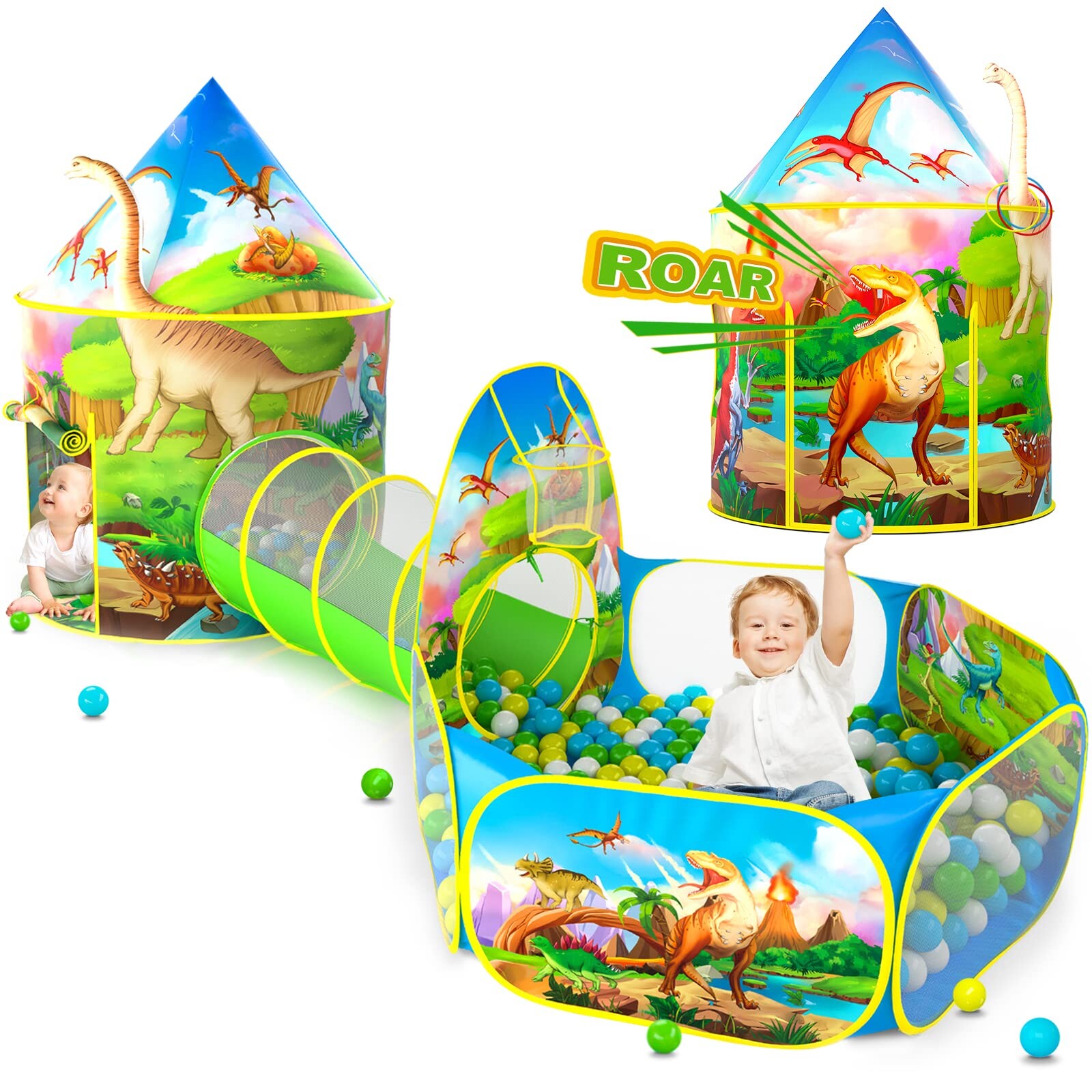 3PC Dinosaur Tent for Boys with Kids Ball Pit, Kids Play Tents and ...