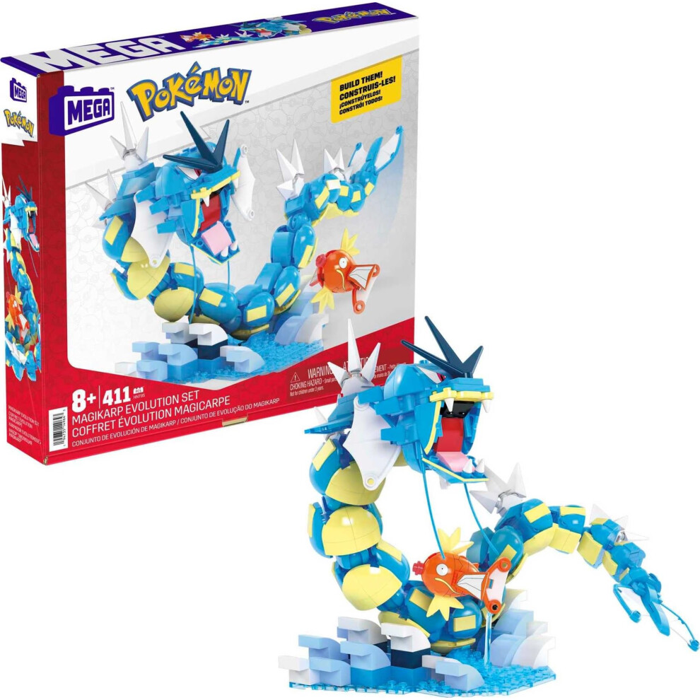 MEGA PokÃ©mon Action Figure Building Toys Set for Kids, Magikarp Evolution Set with 411 Pieces, Buildable and Poseable Gyarados, 20 inches, HNT95