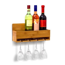 Wine Shelf With Glass Holder: 17 x 37 x 11.5 cm Bottle Stand Bamboo With Space For 4 Bottles & 4 Glasses Wall-Mounted Hanging Wooden Shelf As Bottle