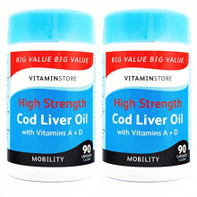 Cod Liver Oil High Strength 1000mg with Vitamins A & D, 90 Capsules per Tub, Pack of 2 Tubs, 6 Months Supply